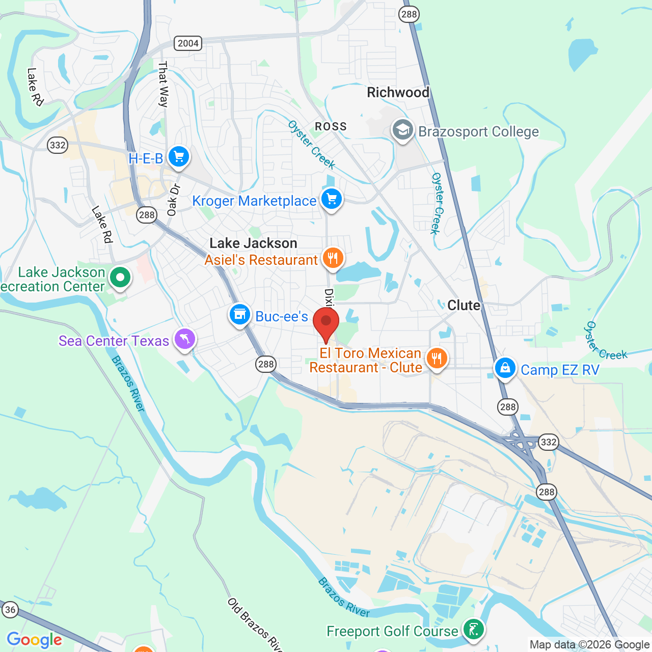 Google map image of our location in 102 Flag Lake Dr Lake Jackson, TX